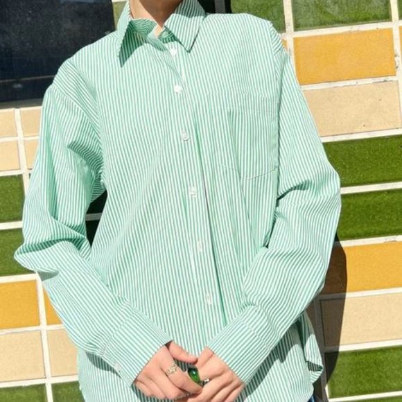 Lisa Says Gah Tops - Annie Button Up in Kelly Stripe VENDOR LISA SAYS GAH - Oversized